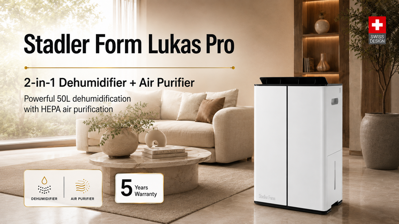Stadler Form Lukas Pro 2-in-1 dehumidifier and air purifier in a modern UAE home